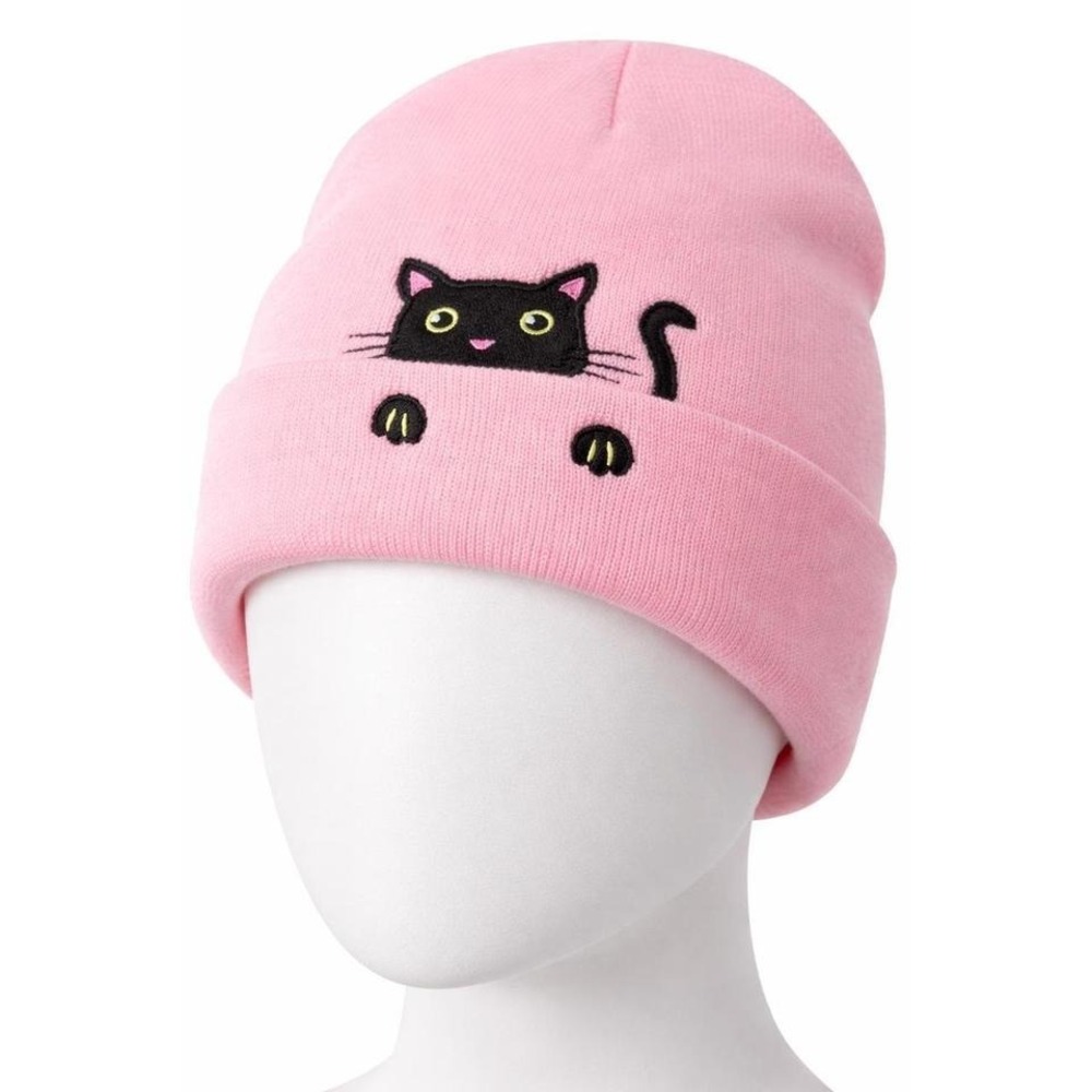 NWOT Pink Cat Beanie | Cute Embroidered Kitty Knit Winter Hat